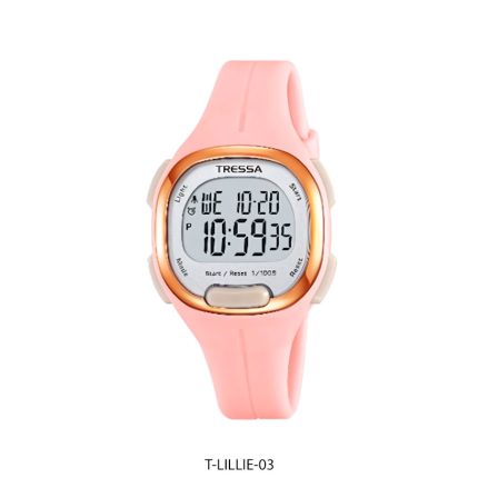 Reloj de Mujer Tressa Lillie CARACTERISTICAS – Digital – Resistencia al agua: WR50 – Luz backlight – Calendario: mes, fecha, día – Alarma – Cronómetro 1/100 (split) – Formato horario 12/24 – Caja de metal – Malla de silicona